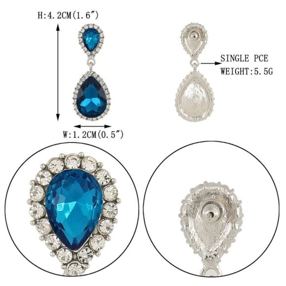 Silver with Aquamarine Blue and Diamond Austrian Crystal Teardrop Post Earrings - Picture 4 of 4